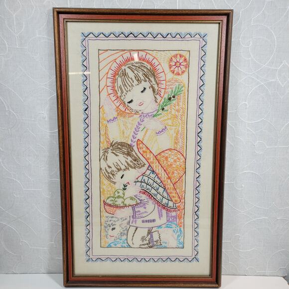 VINTAGE Finished Embroidery Religious Childrens Praying Kneeled Down Framed - Picture 1 of 16